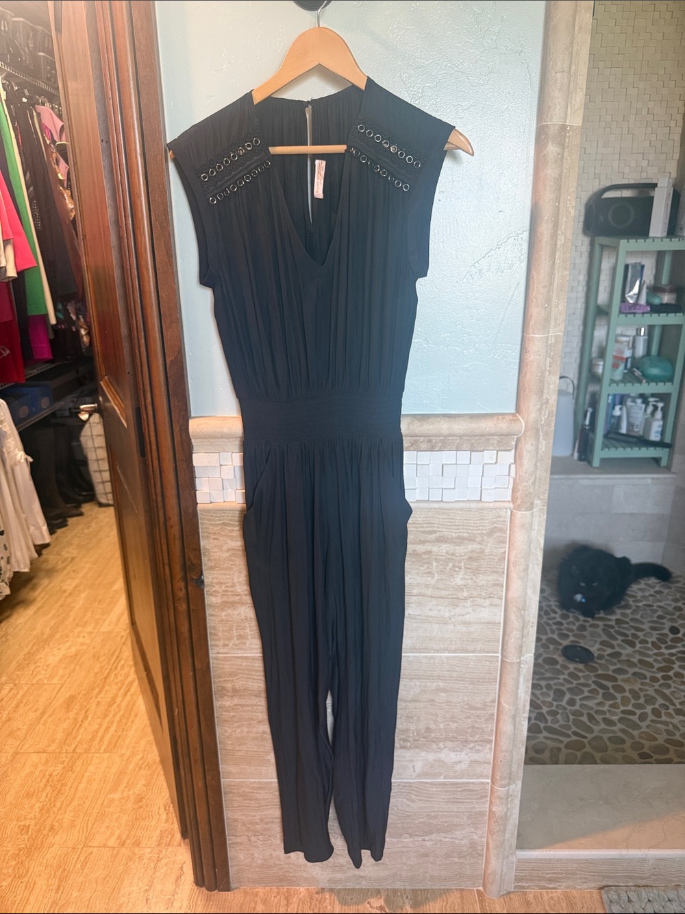 Ramy Brook Black Sleeveless Eyelet-Trim Jumpsuit